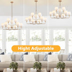 9-Light Gold Chandelier Light Fixture with White Fabric Shades, 33 inch Modern Farmhouse Dining Room Light Fixtures, 2 Tiered Lantern High Ceilings Pendant Light for Foyer Entryway Living Room Kitchen