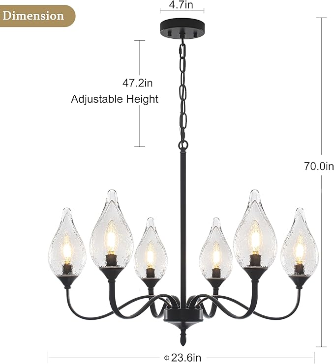 6-Light Farmhouse Black Chandelier 23.6 Inch - Rustic Industrial Iron Candle Hanging with Clear Glass Shades - Dining Room Lighting Fixture for Hallway, Living Room, Foyer, Bedroom,Kitchen Island
