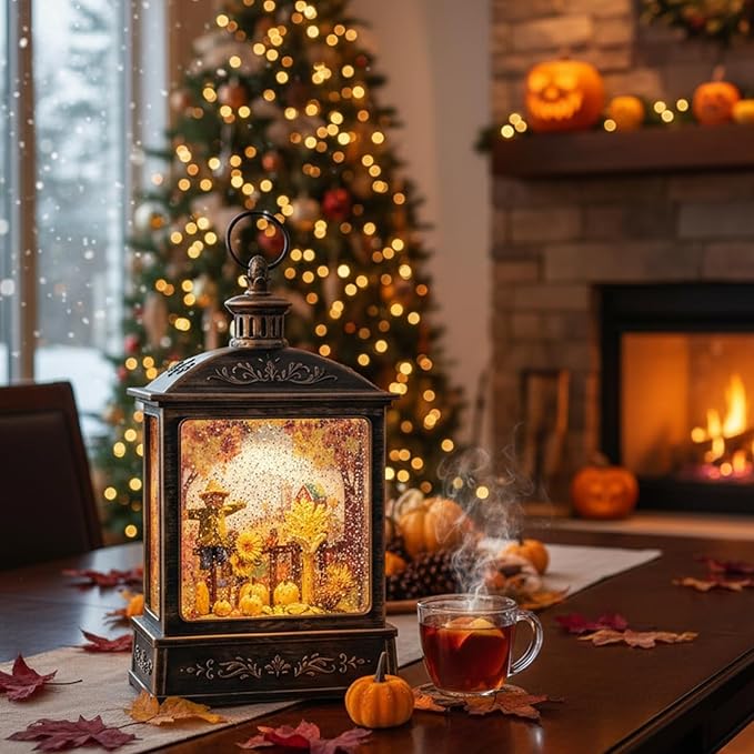 12.5'' Fall Snow Globe Lantern - Thanksgiving Glittering Lighted Lantern, Fall Decorations Autumn Harvest Day Gifts, Home Fall Halloween Decor (Scarecrow &Turkey)