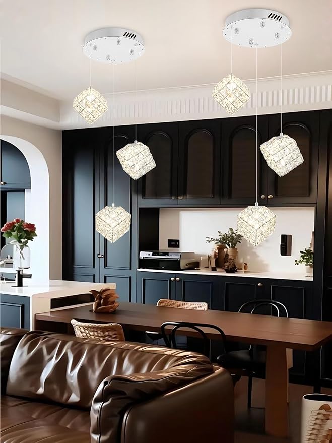3-Lights Pendants Lightfor Kitchen lsland Chandeliers Dining Room,Square Entryway Light Fixture Hanging Adjustable Height Silver Crystal Chandeliers for Bedroom Hallway Foyer