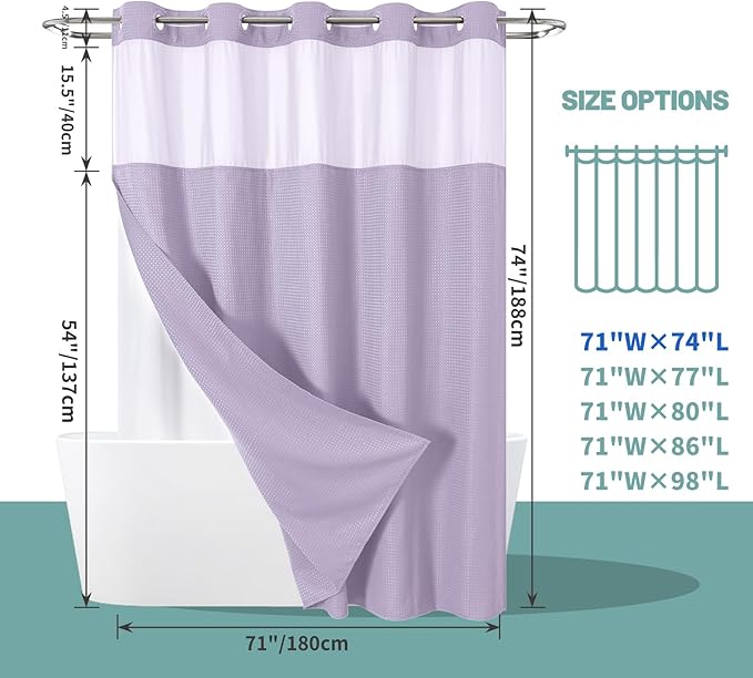 Lavender No Hook Waffle Weave Shower Curtain with snap-in Liner Replacement, 230GSM Waterproof Fabric Hotel Shower Curtain Set for Bathroom, Through Mesh Top Window,71Wx74H