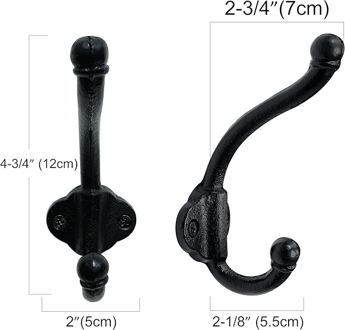 SKOLOO Heavy Duty Black Wall Hooks, Farmhouse Style Cast Iron Hooks, Pack of 5, Ideal for Backpack, Hat, Coat, and Towel Hooks - Perfect for Entryway, Mud Room, and Bathroom Storage