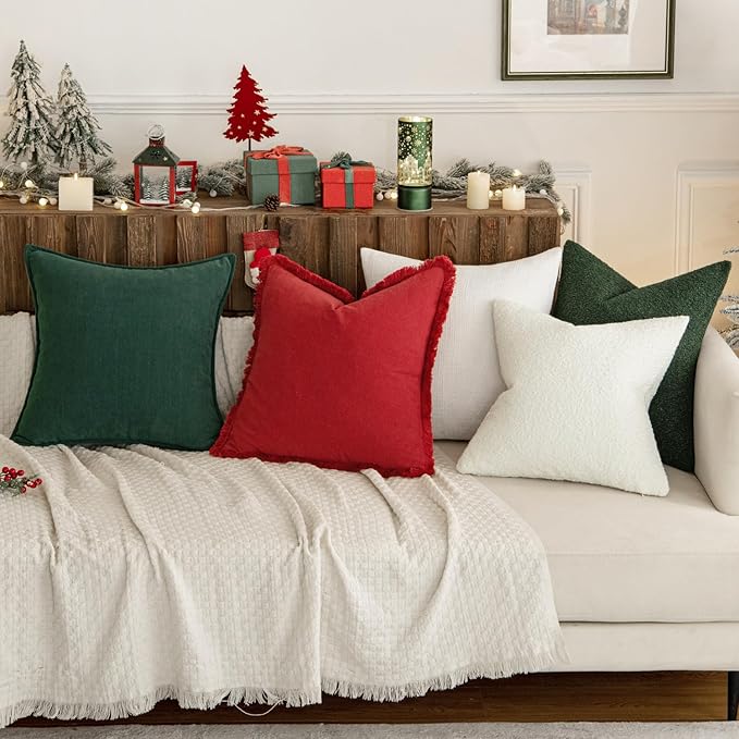 MIULEE Christmas Decorative Throw Pillow Covers Neutral Linen Fringe Throw Pillows Set of 2 Red Boho Farmhouse Cushion Covers with Tassels for Couch Sofa Bed Living Room Spring Home Decor 20x20 Inch