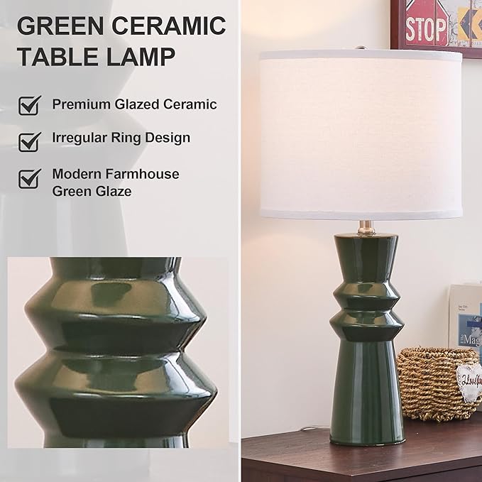 24.75" Green Lamps Set of 2 for Living Room, Ceramic Green Table Lamps for Bedroom Set of 2, Dark Green Bedside Lamp for Nightstand, Retro Table Lamp Set 2 for Buffet, Home Office