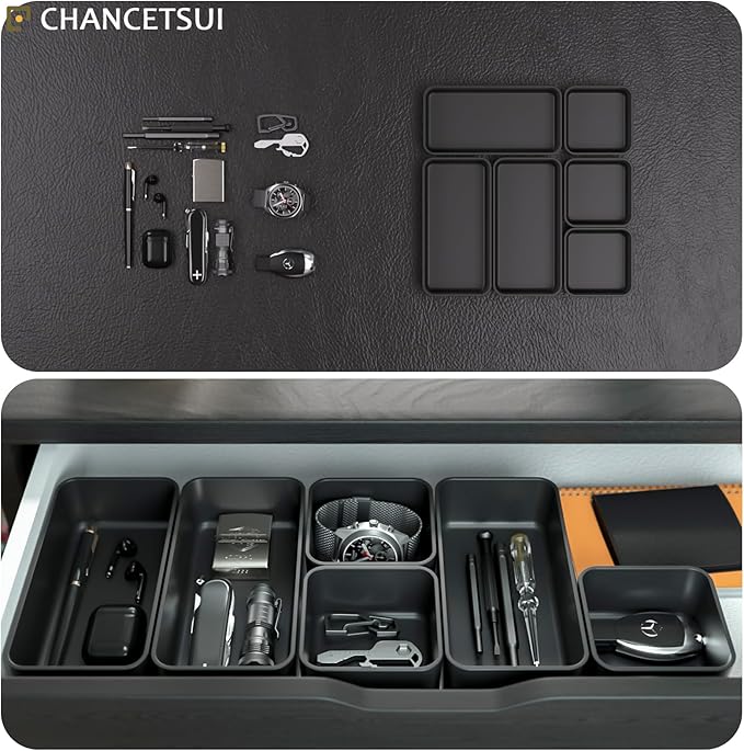 6 Pcs Stackable Drawer Organizer Set Desk Drawer Dividers, Bathroom Vanity Cosmetic Makeup Trays , Multipurpose Plastic Storage Bins for Jewelries, Kitchen Gadgets and Office Accessories, Black
