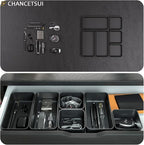6 Pcs Stackable Drawer Organizer Set Desk Drawer Dividers, Bathroom Vanity Cosmetic Makeup Trays , Multipurpose Plastic Storage Bins for Jewelries, Kitchen Gadgets and Office Accessories, Black