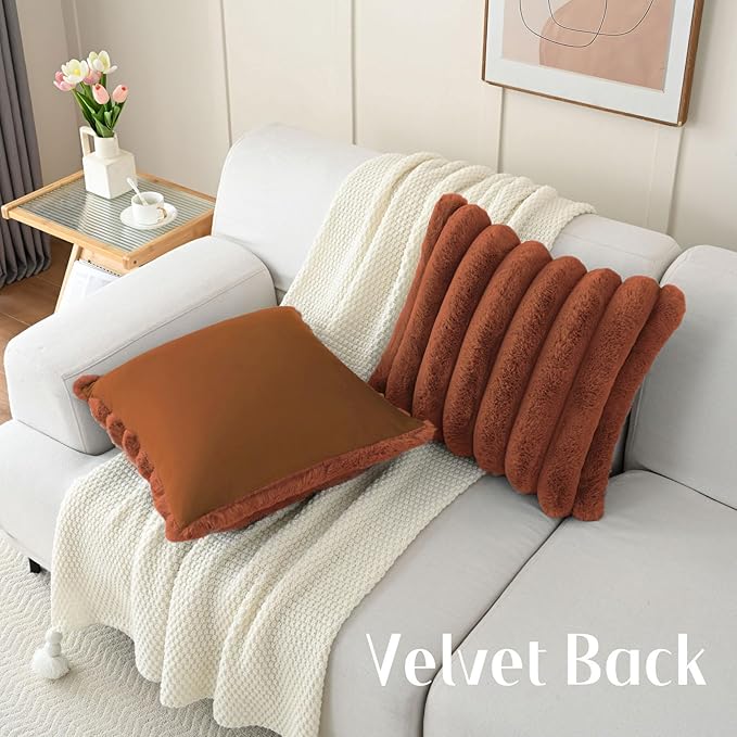 FUTEI Rust Decorative Throw Pillow Covers 16x16 Inch Set of 2, Square Soft Faux Rabbit Fur Big Striped Cushion Cover,Home Decor for Couch Sofa Bed Living Room