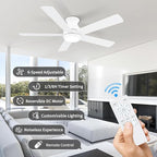52 Inch White Ceiling Fans with Lights and Remote,LED Low Profile Flush Mount Ceiling Fan for Bedroom,Living Room, with Quiet DC Motor,Dimmable 6 Speeds