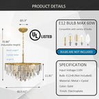 Gold Crystal Chandelier for Dining Room, 24" Modern Round Top K9 Crystal Chandeliers 5-Tier 8 Lights Adjustable Ceiling Hanging Pendant Light Fixture for Living Room Bedroom Foyer