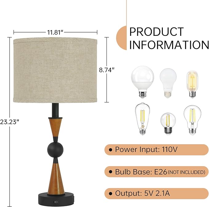 23'' Modern Table Lamps Set of 2 - Farmhouse Bedside Lamps for Bedroom with USB A+C, Wooden Lamps for Night Stands, Lamp for Living Room End Tables