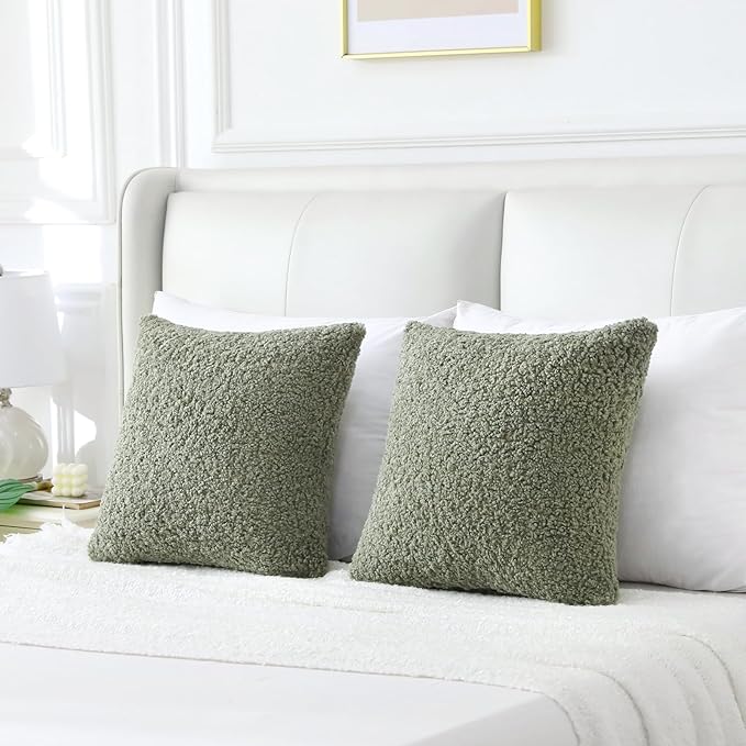 FUTEI Sage Green Throw Pillow Covers 16x16 Inch Set of 2,Furry Faux Fur Teddy Boucle Textured Cushion Covers,Soft Fluffy Decorative Pillow Case,Home Decor for Couch Bed Living Room Office Car