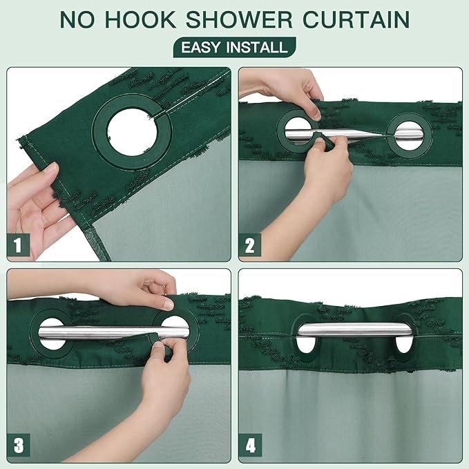 No Hooks Boho Dark Green Woven Fabric Shower Curtain 72 x 74 Modern Farmhouse, Tufted Chevron Striped Shabby Chic Textured, Minimalist Hookless Shower Curtains for Bathroom, Hotel Decor