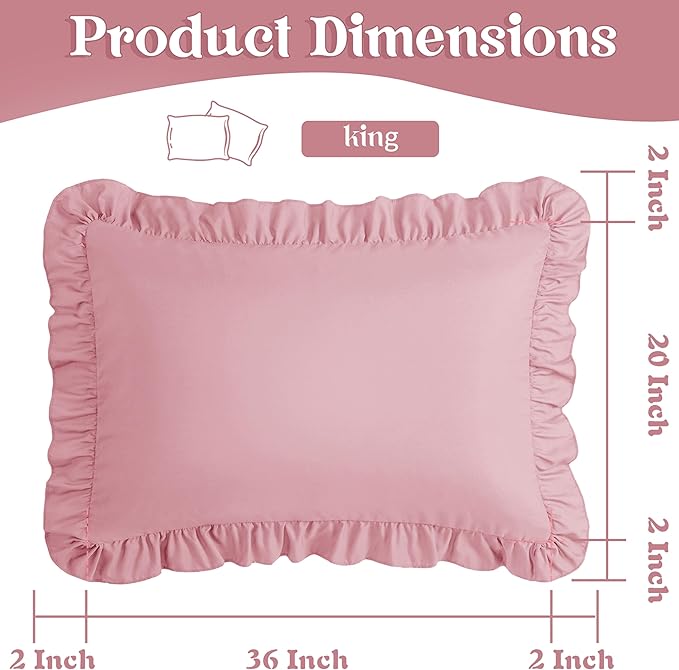 KKJIAF King Size Pillow Cases Set of 2, Light Pink, Polyester, Envelope Closure, 20" x 36", Ruffled, Fade Resistant