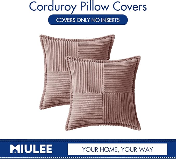 MIULEE Decorative Throw Pillow Covers for Couch Bed Livingroom 16x16 Inch Set of 2 Blush Pink Boho Accent Throw Pllows Broadside Striped Patchwork Soft Corduroy Pillowcases