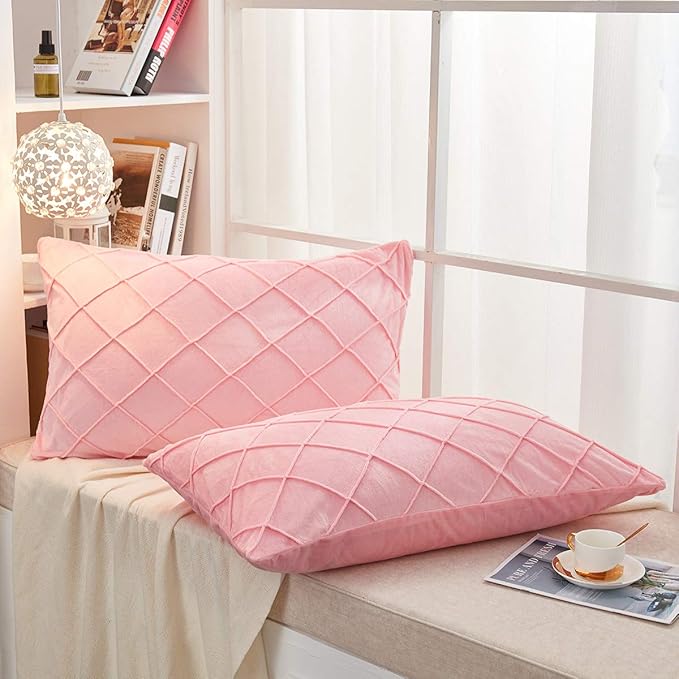 JAUXIO Diamond Pinch Pleated Crystal Velvet Pillowcases 2 Pack Solid Pintuck Throw Cushion Cover for Home Decor Hidden Zipper Closure (Pink, Standard)