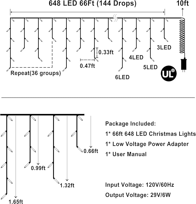 648 LED 66FT Christmas Lights 144 Drops, Outdoor Hanging light with 8 Modes & Timer, Plug in Curtain String Light Outdoor Waterproof for Holiday Wedding Party House Tree Outside Decor (Blue & White)