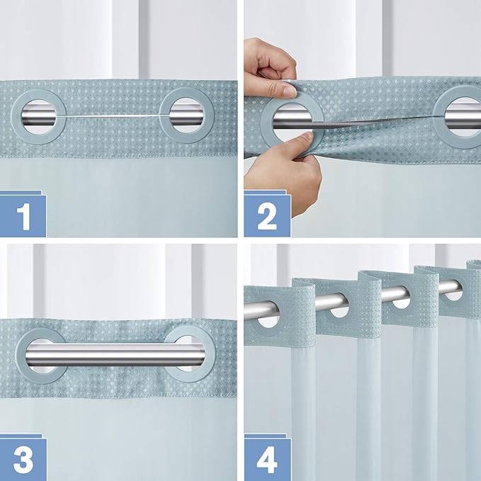 No Hook Needed Shower Curtain 71x75 Inch,Waterproof 180GSM Fabric with Magnetic Weighted Hem and Fog Blue Waffle Weave,Machine Washable Hotel-Grade Bath Curtain with Clear Window.