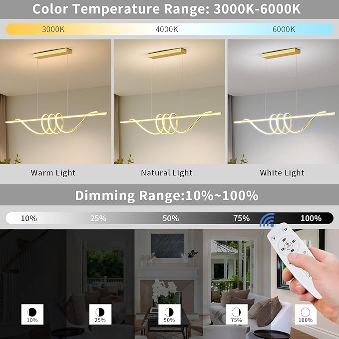 Modern LED Pendant Lights Kitchen Island, 57in Gold Chandelier Dimmable with Remote Control 3000k-6000K Adjustable, Aluminum Island Lighting Lamp Fixture for Kitchen, Dining Room