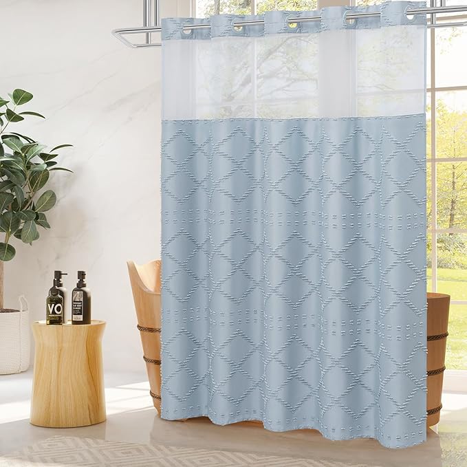 Boho FogBlue Woven Fabric Shower Curtain with 72 x 80 Modern Farmhouse, No Hooks Tufted Chevron Striped Shabby Chic Textured, Minimalist Cloth Curtain for Bathroom, Hotel Decor