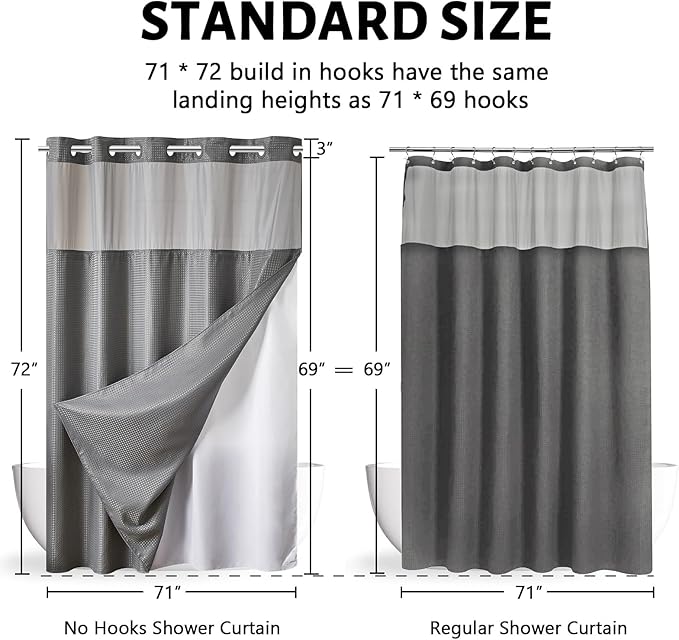 Furlinic No Hook Shower Curtain with Snap in Fabric Liner Set,Waffle Weave Heavy Duty Bathroom Curtain with See Through Window,Waterproof & Machine Washable,Hotel Style,Light Grey,71x72 Inch