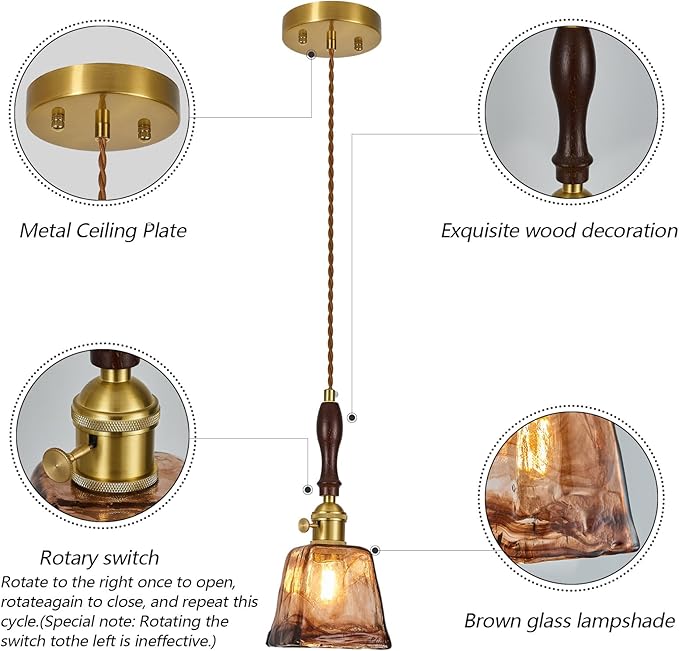 Amber Glass Vintage Pendant Light Height Adjustable Handmade Glass Pendant Lights Kitchen Island Gold Hanging Light Fixture with Wood Handle for Bedroom Dining Room Hotel (2Pack)