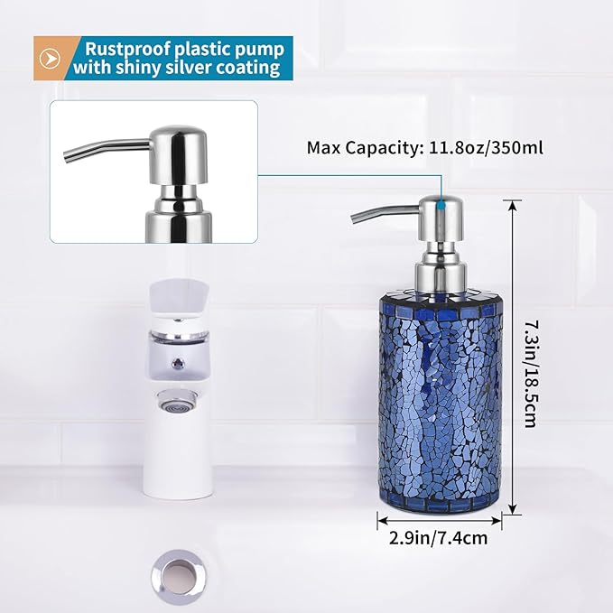 4 Pcs Mosaic Glass Bathroom Accessories Set, Modern Luxury Bath Ensemble, Includes Soap Dispenser, Cotton Swab Jar, Toothbrush Holder, Soap Dish (Shiny Blue)