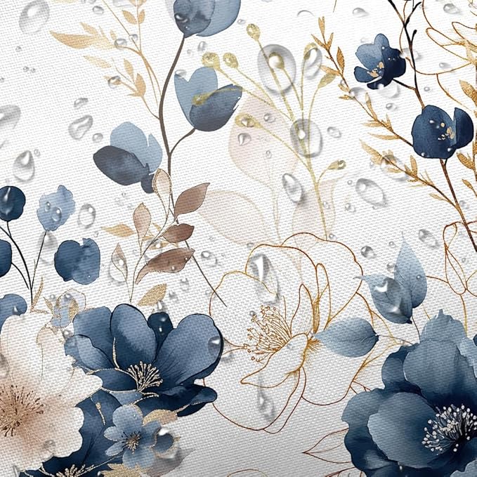 Sanzugh Navy Blue and Gold Flower Shower Curtain, Boho Watercolor Floral Leaves Cute Fabric Shower Curtains Set for Bathroom Decorative with Hooks 60 X 72 inch Beautiful Bath Decor
