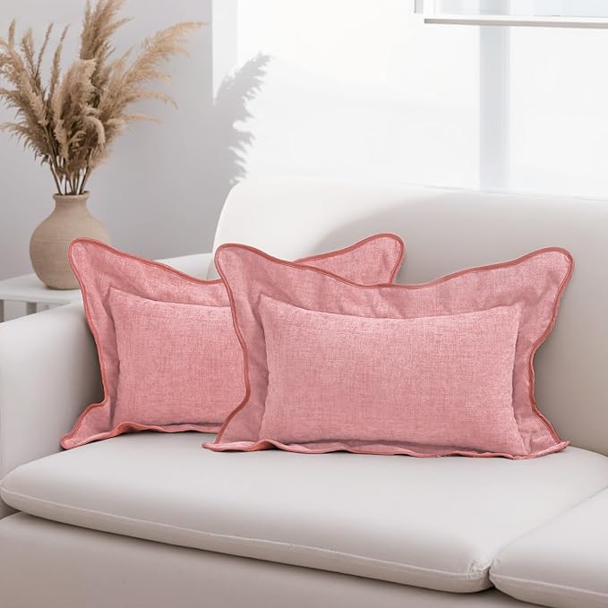 HAUSSY Scalloped Pillow Covers 12x20 Set of 2,Decorative Lumbar Throw Pillows Cute Aesthetic Preppy Cushion Covers for Couch Bed Living Room,Pink