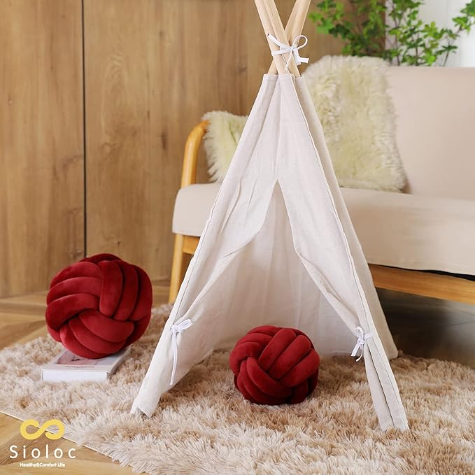 Sioloc Soft Knot Ball Pillows,Round Throw Pillow Cushion Home Decoration Plush Pillow,Throw Knotted Pillow Handmade Round Plush Pillow（7.8inches,Burgundy）