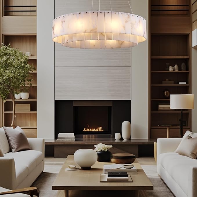 Alabaster Chandelier D31in Spanish Natural Marble Round Chandeliers, 2 Tiers Modern Living Room Chandelier, Alabaster Pendant Light Fixture, Dimmable Chandeliers for Bedroom, Entryway, Foyer