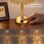 Mini Cordless Boho Rattan Table lamp, 5200-mAh Rechargeable Battery, 3-Level Brightness Dimmable, Build-in Integrated LED 320 Lumen Max, Rattan Shade, for Bedside Restaurant Dining Table