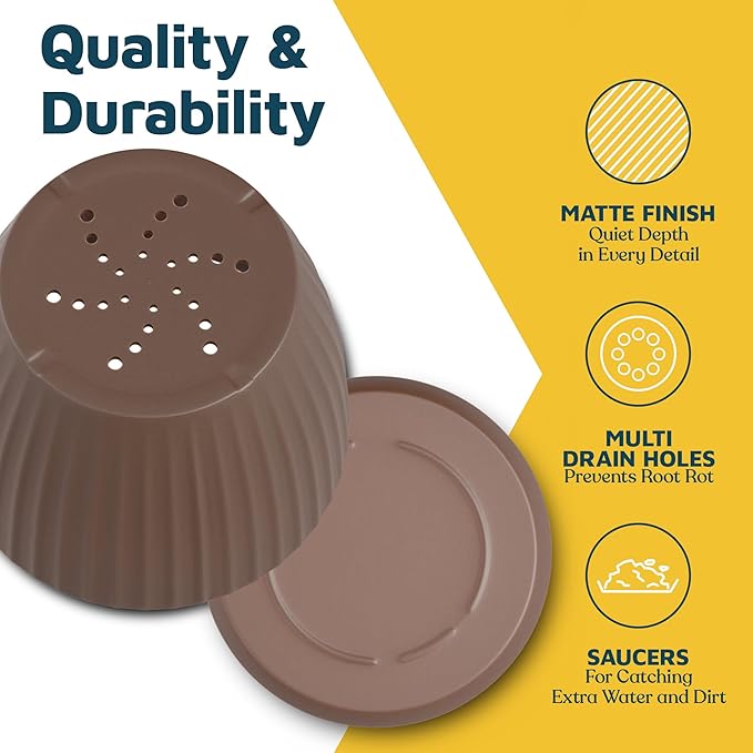 Brown 6-Inch Plant Pots with Drainage & Saucers 6 Pack, Indoor & Outdoor Planters for Houseplants, Herbs, and Flowers, Durable & Weatherproof Material, Stackable, Lightweight, Minimalist Design