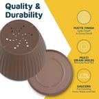Brown 6-Inch Plant Pots with Drainage & Saucers 18 Pack, Indoor & Outdoor Planters for Houseplants, Herbs, and Flowers, Durable & Weatherproof Material, Stackable, Lightweight, Minimalist Design