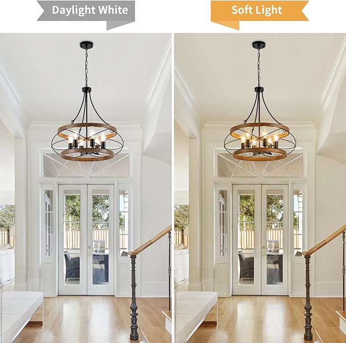6-Light Farmhouse Chandelier, 23.62" Rustic Drum Dining Room Light Fixture, Vintage Wood Finish Metal Hanging Pendant Lighting, Industrial Candle Chandeliers for Living Room Kitchen Entryway Bedroom