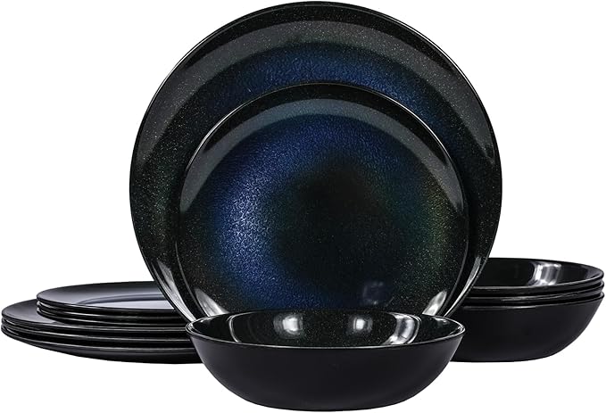Melamine Dinnerware Set, 12pcs Plates and Bowls Set, Blue Dinner Dishes Set for Indoor and Outdoor, BPA-Free, Dishwasher Safe