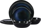Melamine Dinnerware Set, 12pcs Plates and Bowls Set, Blue Dinner Dishes Set for Indoor and Outdoor, BPA-Free, Dishwasher Safe