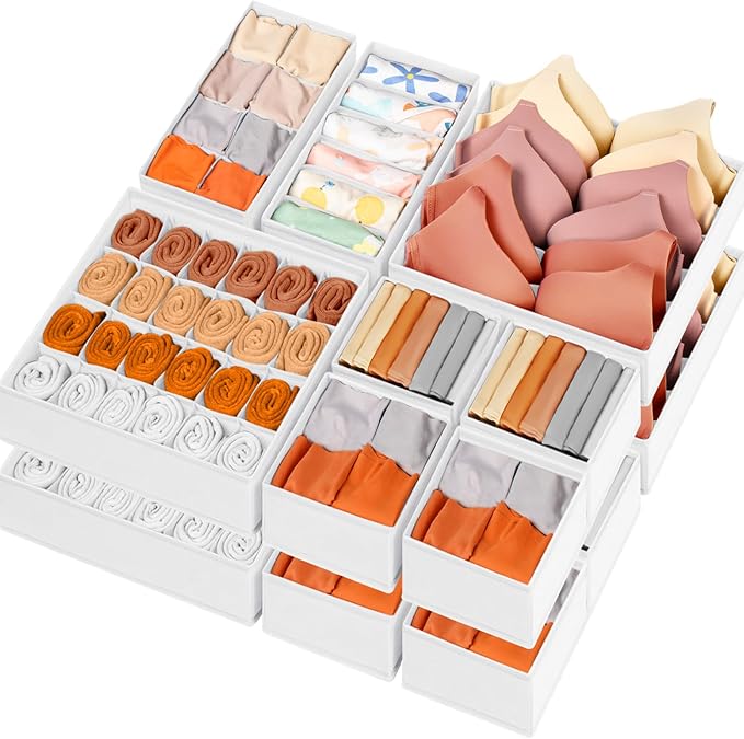 Drawer Organizer Clothes, 16 Pack Dresser Organizer Bins for Baby Clothes, Underwear Sock, Fabric Closet Organization and Storage Dividers for Nursery Bedroom (96 Compartments, White)