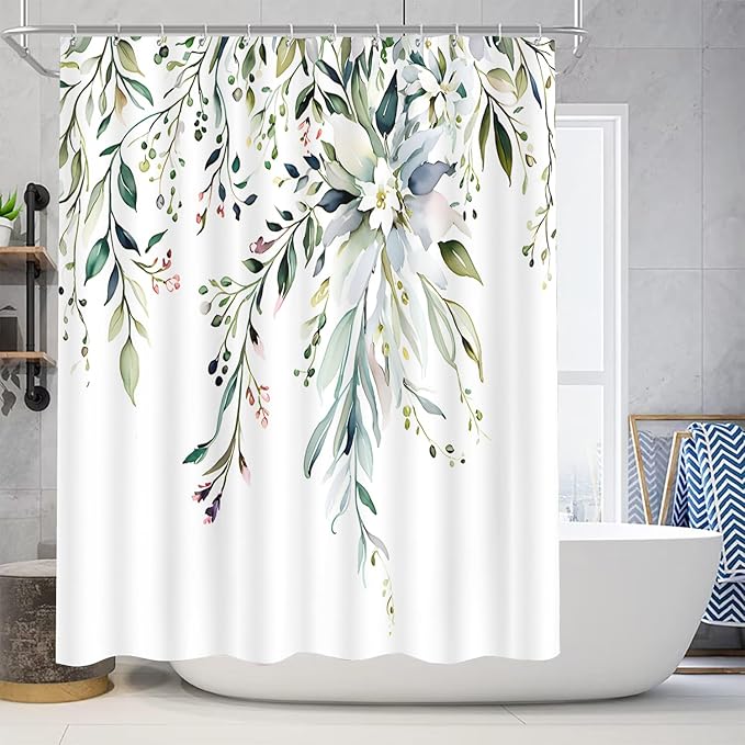Elegant Floral Shower Curtain Sets with 12 Hooks, Bath Mat, Toilet Lid Cover, U Shaped Rugs, Watercolor Plant Green Leaves Waterproof, Washable Fabric,70.8 x 70.8 inches.