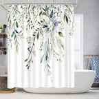 Elegant Floral Shower Curtain Sets with 12 Hooks, Bath Mat, Toilet Lid Cover, U Shaped Rugs, Watercolor Plant Green Leaves Waterproof, Washable Fabric,70.8 x 70.8 inches.