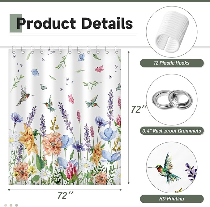 Hummingbird Floral Shower Curtains for Bathroom, Spring Summer Bathroom Decor Flower Shower Curtain Set - 72x72 Inch Waterproof Fabric Shower Curtain with Hooks Bathtub Curtain