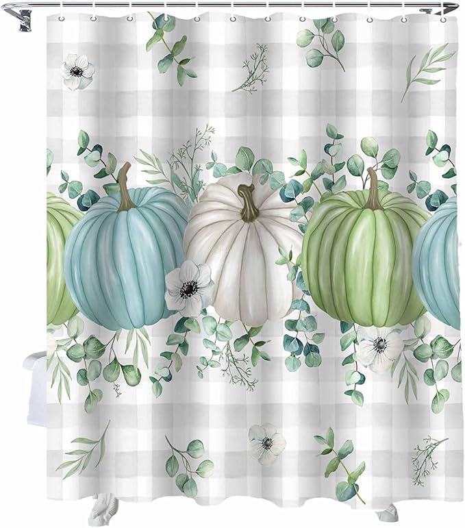 Fall Thanksgiving Shower Curtain, Autumn Pumpkins Eucalyptus Leaves Shower Curtains Set with Hooks, White Blue Green Gray Plaid Waterproof Fabric Bathroom Curtains Decor Accessories,Stall 36 X 72 Inch