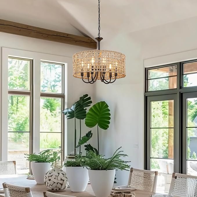 LynPon 17.7" Black Rattan Boho Chandeliers Light Fixtures, 6-Light Farmhouse Hand-Woven Pendant Light with Wicker Shade, Vintage Coastal Hanging Light for Dining Room Living Room Kitchen Hallway