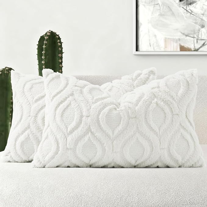 decorUhome Throw Pillow Covers 12x20 Inch Set of 2, Soft Plush Decorative Faux Fur Cream White Solid Couch Pillow Covers, Accent Farmhouse Neutral Lumbar Euro Pillow Cases for Sofa Bed Living Room
