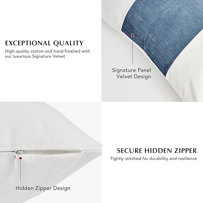 EVERGRACE x Kinsey Walsh Signature Velvet Panel Cotton Pillow Covers Set of 2, Decorative Pillow Covers 22"x22" for Couch, Square Cushion Cases for Sofa Bedroom Living Room, Blue Topaz