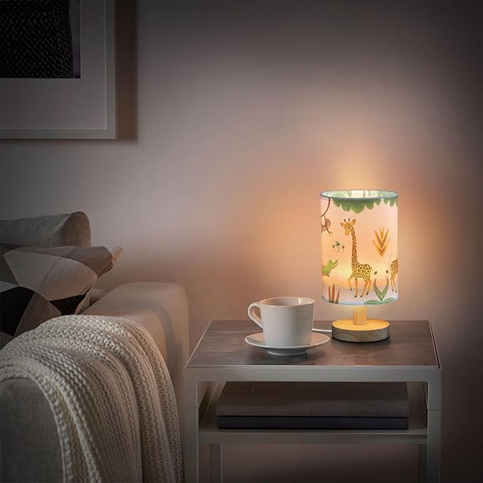 Table Lamp African Animal Giraffe Crocodile Monkey Palm Tree Jungle Leaf Nightstand Lamp with Wood Base Fabric Lamp Shade Bedside Desk Lamp for Living Room Bedroom Kids Room Office