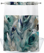 Vintage Watercolor Peacock Feathers Theme No Hook Waffle Shower Curtain with Snap in Fabric Liner Set, Detachable Liner,See Through Mesh Top Window,Waterproof Washable 72" W x 74" H