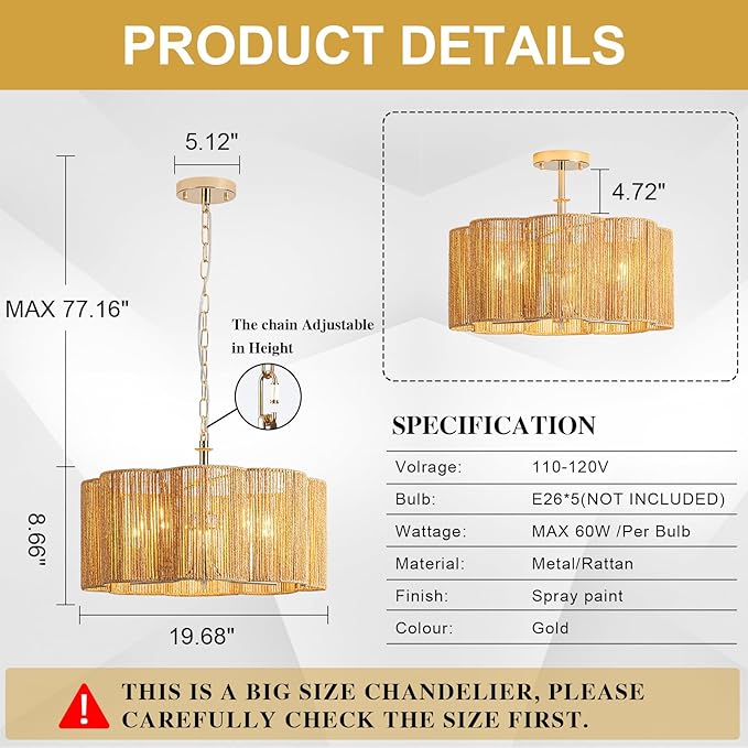 5-Light 19.6'' 2-in-1 Linear-Woven Rattan Ceiling Light - Convertible Flush Mount/Pendant for Kitchen Island & Dining Room, Dimmable with Adjustable Chain + Rod
