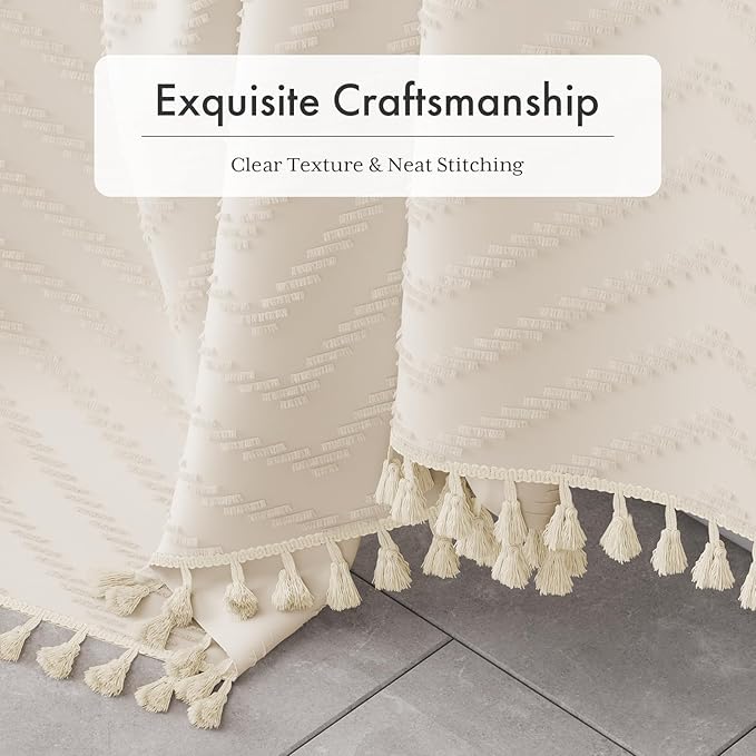 AmazerBath Boho Farmhouse Shower Curtain with Tassels, Beige Shower Curtain Set Fabric, Soft Cloth Chevron Rustic Shower Curtain with Hooks, Hotel Quality, 72x72 Inches