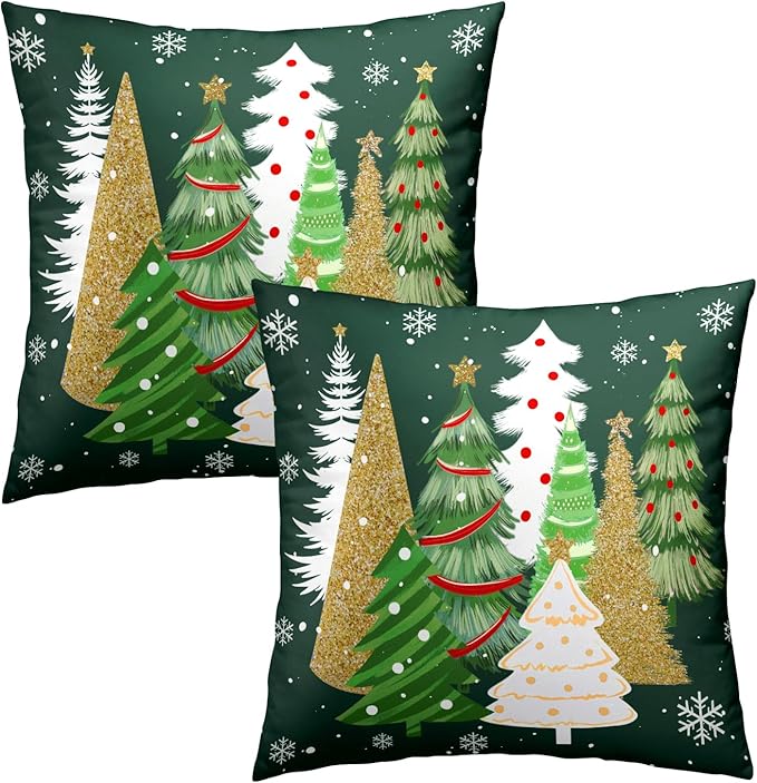 Christmas Throw Pillow Covers 20x20 Set of 2, Gold Green Xmas Trees Decorative Throw Pillows Seasonal Winter Soft Cotton Cushion Case for Sofa Couch Farmhouse Home Decor