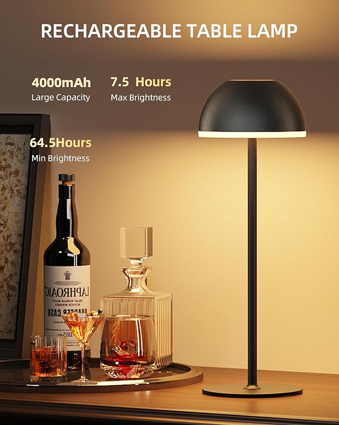 Cordless Table Lamp, Rechargeable, Touch control, 3 Color Temperature, Stepless Dimming, LED Memory Function, Portable, Battery Operated Lamp for Bedroom Restaurant Dinning Kitchen Bedside Nightstand